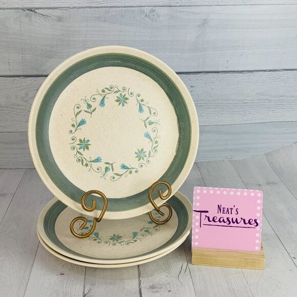 MCM 1960's Canonsburg FLORENCE Beige Speckled Blue Floral Dinner Plates Set 3 - Picture 1 of 9